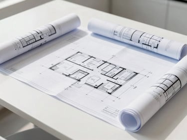 Architectural blueprints and site plans laid out on a clean white table in a bright, sunlit planning room