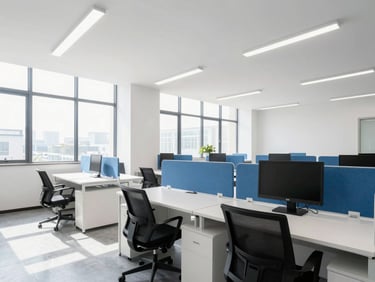 Bright open-plan commercial office interior, clean desks, high-key natural light streaming through large windows