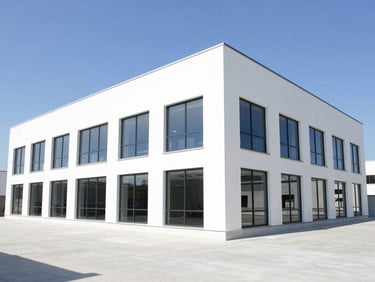 Sunny exterior shot of a modern commercial property, clean white concrete, glass facade, bright daylight