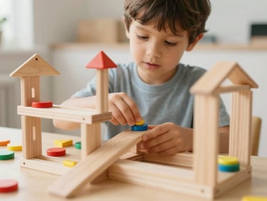 A child building a complex wooden marble run, focused expression, warm natural light