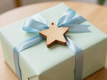 A beautifully wrapped gift box with a wooden toy star tied to the ribbon on a table