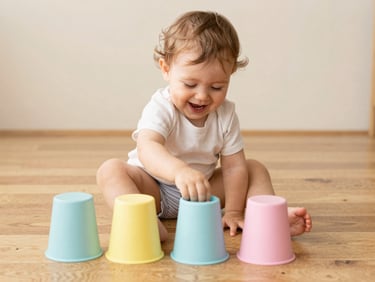 A toddler giggling while playing with soft pastel stacking cups on a wooden floor