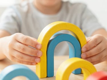 A child's hands carefully stacking colorful wooden arches in bright morning light, shallow depth of field