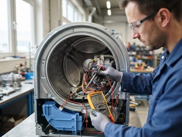 Crisp industrial photography of a technician testing copper wiring inside a modern washing machine drum, bright natural daylight, sharp focus, clean metallic and blue tones.