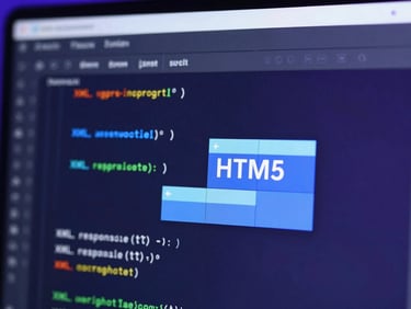 Macro shot of a clean software dashboard displaying structured XML code transforming into responsive HTML5 visual blocks, cool blue and purple ambient lighting