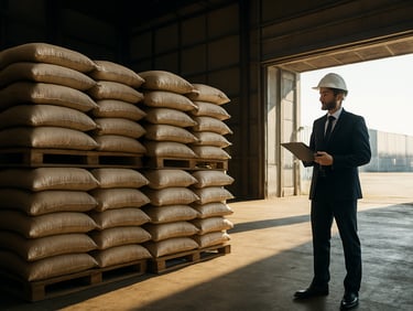 Wide shot of bulk food cargo — sacks of grain stacked on pallets inside a port warehouse — being inspected by a logistics agent with a clipboard, strong natural light from loading bay doors