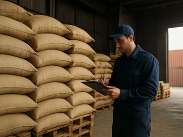 Wide environmental shot from mid-distance of a logistics agent in work clothes inspecting stacked sacks of bulk grain cargo inside a port warehouse, clipboard in hand, natural daylight entering through a side bay, wooden pallets and container walls visible in background