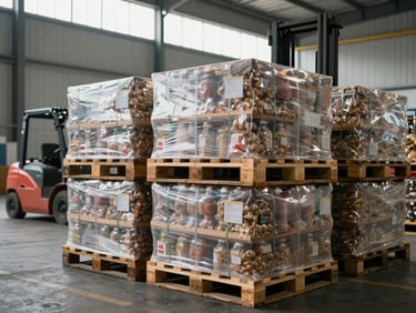 Wide shot of stacked bulk food cargo pallets inside a port warehouse, forklift visible in the background moving a load, natural light from high clerestory windows, labels and strapping visible on pallet wrap