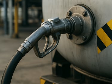 Close-up detail shot of a fuel truck nozzle coupling to a storage tank at a distribution depot, natural daylight, industrial metal surfaces, safety markings visible on equipment