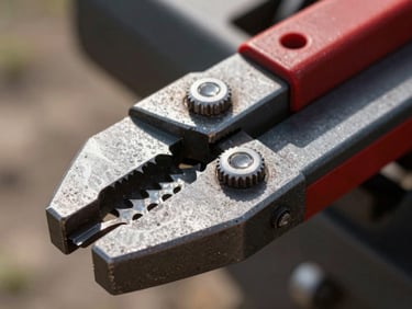Close-up macro shot of the heavy-duty steel cutter bar of the Aklas harvester, metallic grey textures with sharp red accents, harsh midday sun reflecting off the blades.
