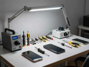 Wide shot of a clean, organized phone repair workbench in Kaunas, with professional screwdrivers, soldering station, and a neatly arranged set of tools under a bright LED lamp.