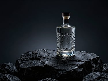 Cinematic editorial photography of a textured glass whiskey bottle on a rugged dark basalt rock, dramatic low-key lighting, deep shadows, misty atmosphere with subtle blue tone, 35mm anamorphic lens