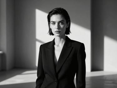 Stylized black and white studio portrait of a female creative director with sharp lighting, dramatic shadows, minimalist architectural background, 35mm anamorphic lens.
