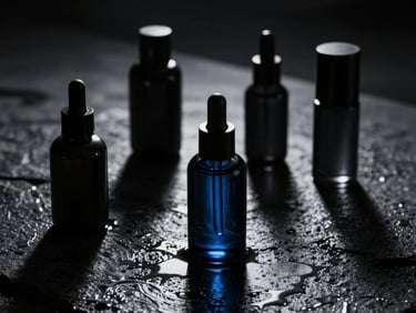 Cinematic editorial photography of minimalist black cosmetic glass bottles on a wet dark stone surface, high-contrast studio lighting, deep shadows, electric blue light reflections, 35mm anamorphic lens
