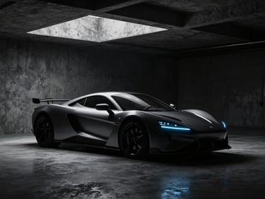 Cinematic editorial photography of a sleek electric hypercar silhouette in a dark architectural concrete hangar, high-contrast dramatic shadows, subtle electric blue headlight glow, 35mm anamorphic lens