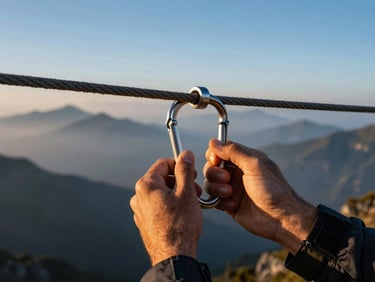 Extreme close-up of hands gripping a technical metal carabiner on a fixed rope line, misty mountain backdrop.