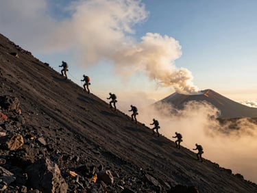 Climbers ascending a steep ash slope of a smoking volcano under golden-hour light, wide environmental scale.