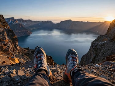 Close-up of technical climbing boots on volcanic gravel, misty sunrise over a caldera lake in the background, dramatic mountain shadows.
