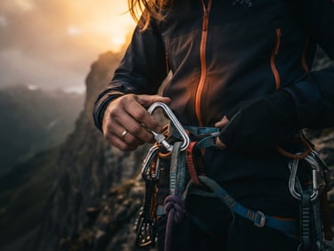 Extreme close-up of hands checking climbing harness carabiners under misty golden hour mountain shadows.