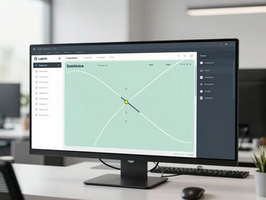 Sleek modern logistics dispatch dashboard with digital tracking routes on screens, crisp minimalist office environment, bright daylight, desaturated sage and charcoal tones, sharp focus, editorial style