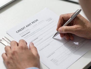 Overhead close-up of a professional's hands annotating a printed credit risk report on a clean desk, north-facing natural daylight, pen and ruler visible, crisp shadows, no people's faces