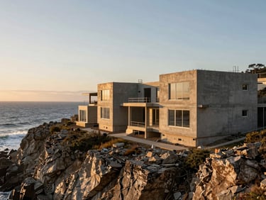 Wide environmental shot of a completed concrete residential home integrated into a rocky cliffside, expansive ocean horizon at golden hour.