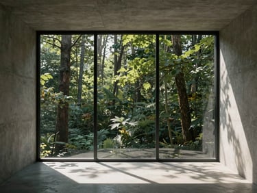 Interior view of a private residence, raw concrete walls framing a massive glass span looking out onto a dense forest, natural light casting long shadows.