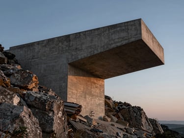 Massive raw concrete cantilever extending over a rocky cliff at twilight, heavy geometric shadows, wide environmental shot.