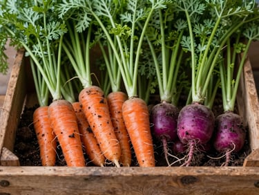 Overhead shot of freshly harvested organic carrots and radishes with soil on a rustic wooden crate, natural morning daylight, rich green tones.