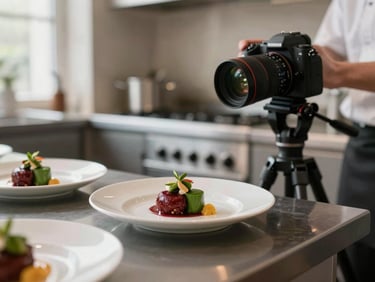 A professional camera on a tripod capturing a chef plating a delicate dessert in a modern, sophisticated kitchen, soft natural light.