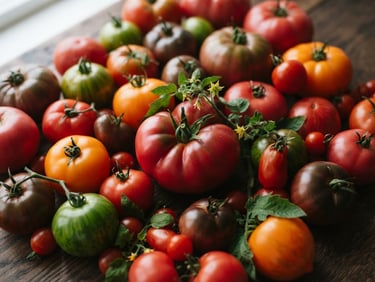 Overhead shot of fresh heirloom tomatoes on a dark wooden table, soft Scandinavian side-light, rich crimson tones, shallow depth of field, 35mm