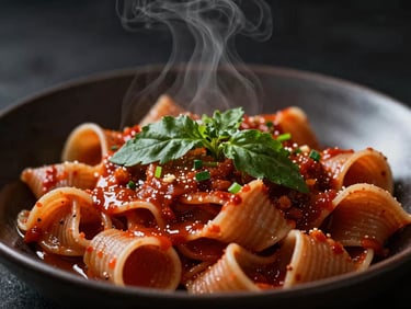 Close-up of steam rising from a bowl of handmade pasta on a dark ceramic plate, moody high-contrast lighting, rich crimson tones.