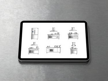 Minimalist digital catalog mockup displaying clean technical drawings of commercial kitchen equipment on a modern tablet screen, placed on a brushed steel background with sharp metallic reflections
