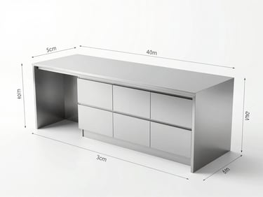 Technical CAD blueprint of a complex modular kitchen island with exact millimeter annotations, clean white background, crisp details
