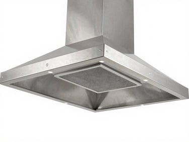Crisp industrial product photography, bright high-key studio lighting, premium commercial stainless steel exhaust hood system, clean metallic reflections, sharp focus