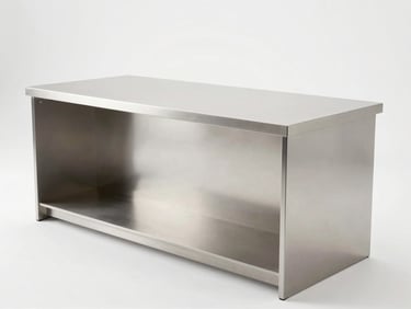Finished installation of a modular stainless steel kitchen island matching the CAD blueprint, pristine clean surfaces, cool studio lighting