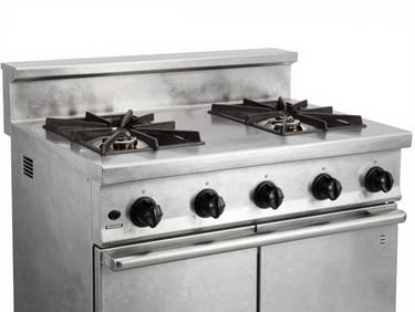 Crisp industrial product photography, bright high-key studio lighting, heavy-duty commercial stainless steel cooking range, clean metallic reflections, sharp focus
