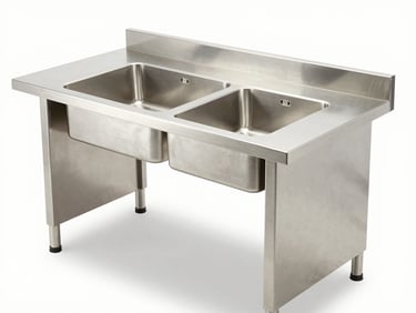 Crisp industrial product photography, bright high-key studio lighting, modern commercial stainless steel worktable and integrated sink cabinet, clean metallic reflections, sharp focus