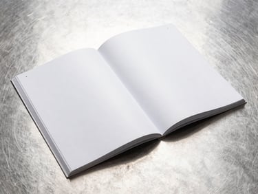 Crisp industrial product photography of a thick printed technical catalog lying on a brushed stainless steel surface, high-key studio lighting, sharp metallic reflections