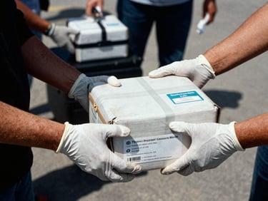 Un primer plano de manos con guantes entregando una caja de suministros médicos de emergencia en un refugio provisional, luz natural directa, alto contraste, estilo documental.