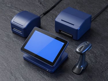 A clean overhead studio shot of a modern touchscreen POS terminal, a compact thermal printer, and a sleek barcode scanner arranged on a dark slate surface, cool blue highlights.
