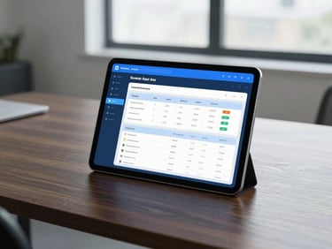A clean technical software interface showing inventory charts on a tablet, placed on a modern dark wood office desk in Vientiane with soft window light.