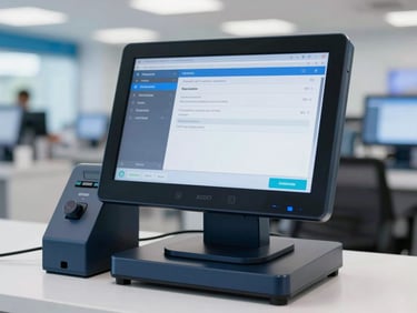 A modern POS terminal screen displaying a transaction in a clean, active retail shop in Vientiane, soft background blur, sharp focus, 35mm lens