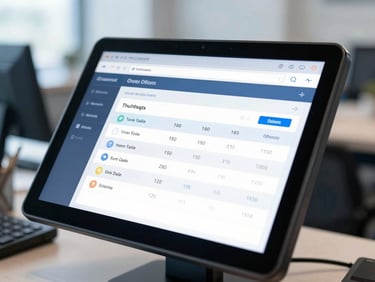 Close-up of a touchscreen POS interface displaying a clean restaurant table layout with active orders, sharp focus, cool office daylight, professional software UI.