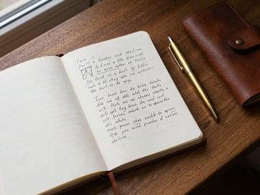 Overhead flat-lay of a wooden travel desk, an open notebook with handwritten ink, a brass pocket pen, and a leather sleeve, natural window light.