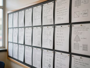 Close-up of a classroom bulletin board covered in student math work — hand-drawn charts, labeled diagrams, and written problem sets pinned in rows, natural daylight from a nearby window, no students in frame