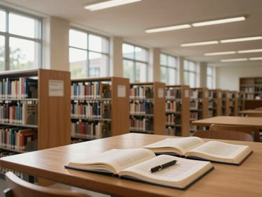 Wide shot of a school library interior under natural light, open shelving with organized book collections, a reading table in the foreground with open books and notebooks, no students, mid-morning light from tall windows