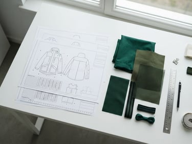 Overhead shot of structured apparel specification sheets and textile swatches on a clean white desk, crisp natural light, 35mm