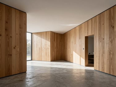 Wide architectural angle of a modern Scandinavian interior with clean lines, warm oak paneling, and concrete floors illuminated by bright daylight.