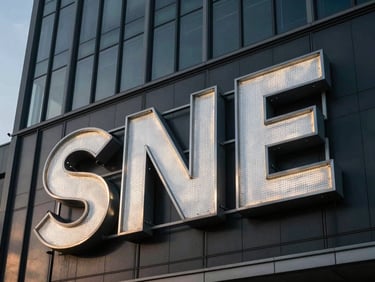 Massive outdoor signage on a high-rise building facade, sharp focus, 35mm lens, daylight